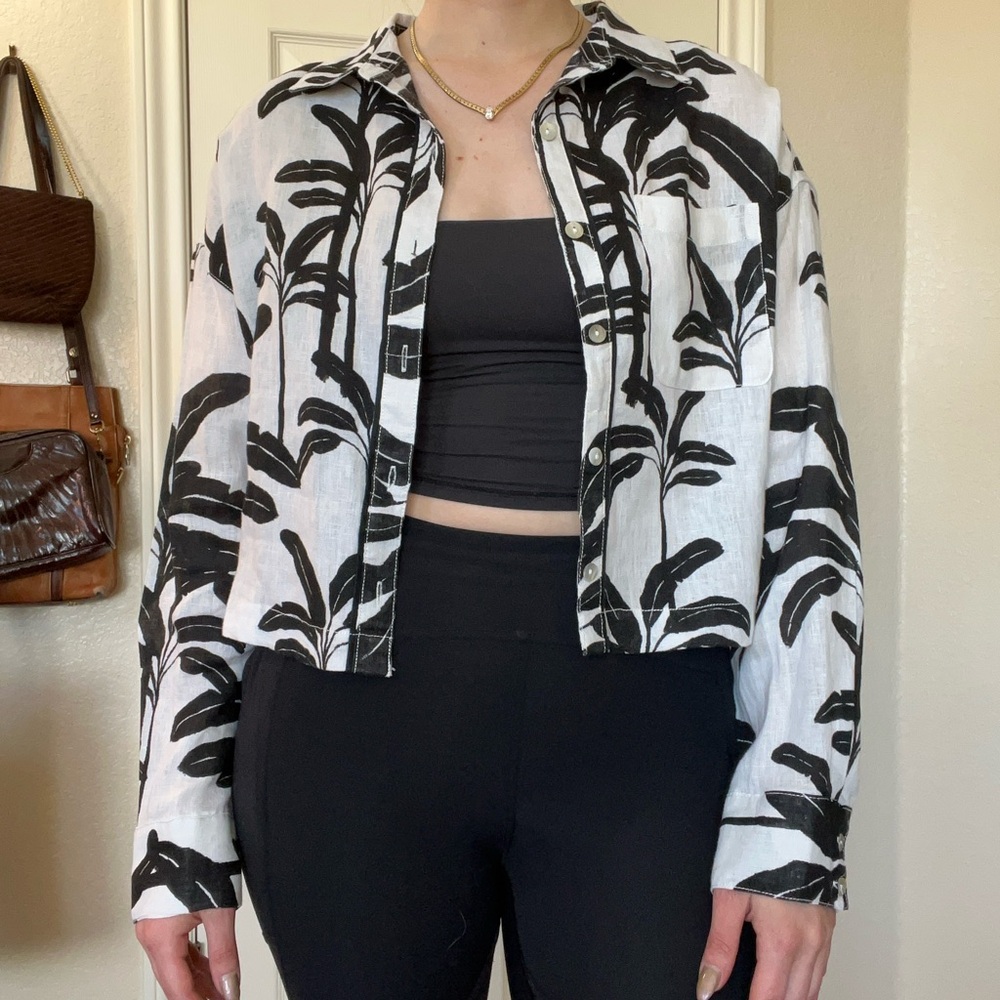 Tahari Black and White Linen Blouse
